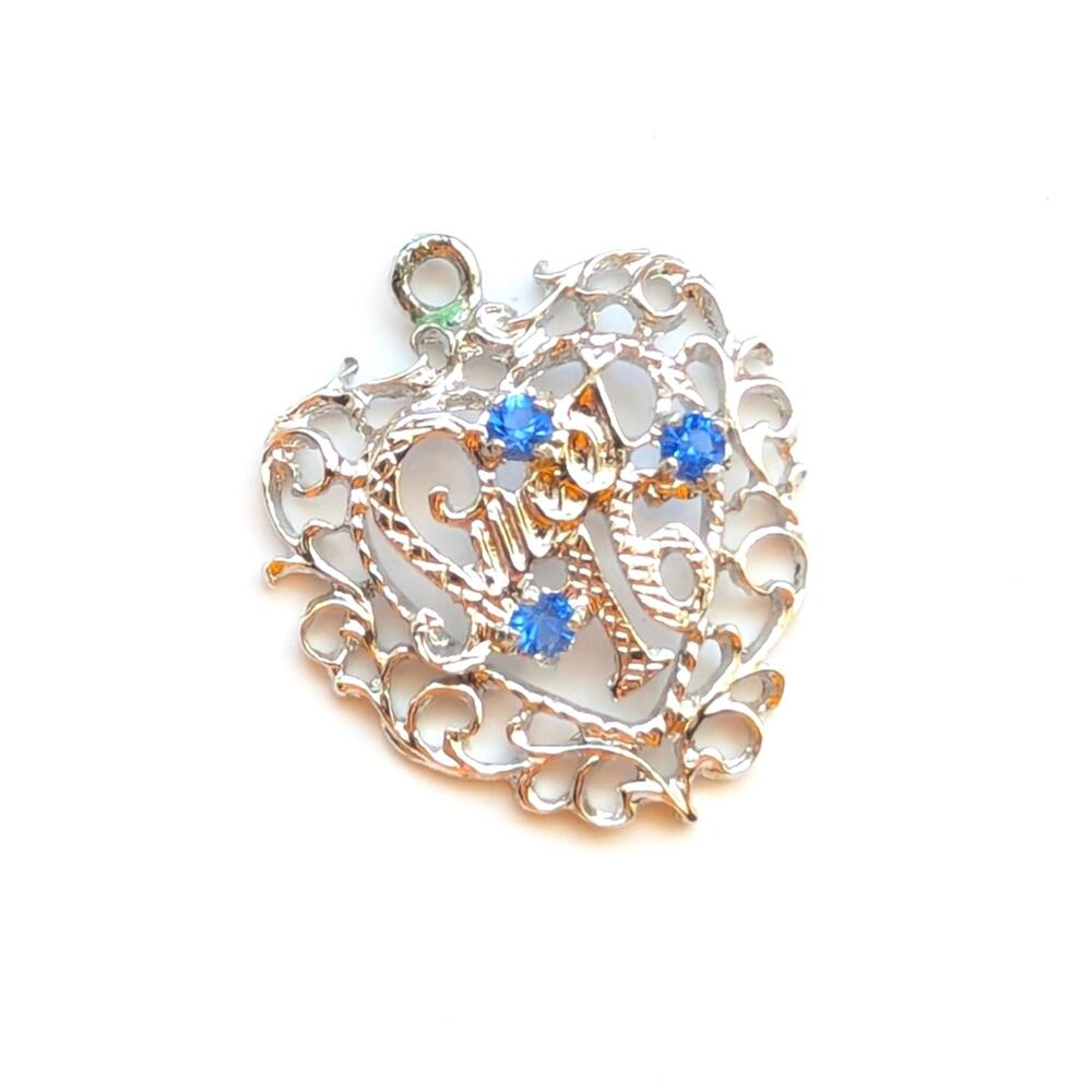 Vintage Silver Tone Filigree Heart Sweet 16 Blue Rhinestone Bracelet Charm